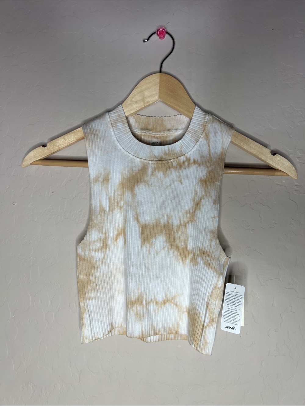 aerie Cream and Tan Tie-Dye Ribbed Cropped Tank XS
